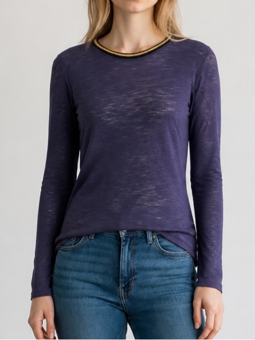 Goldie Long Sleeve Crewneck Top in Plum with Gold Trim
